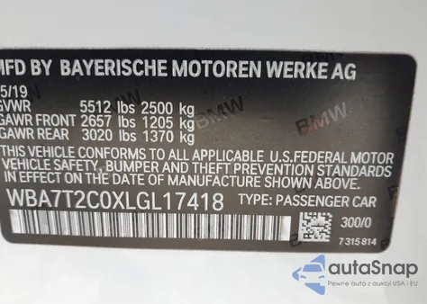 2020 BMW 740I из США, поврежденный, VIN WBA7T2C0XLGL17418